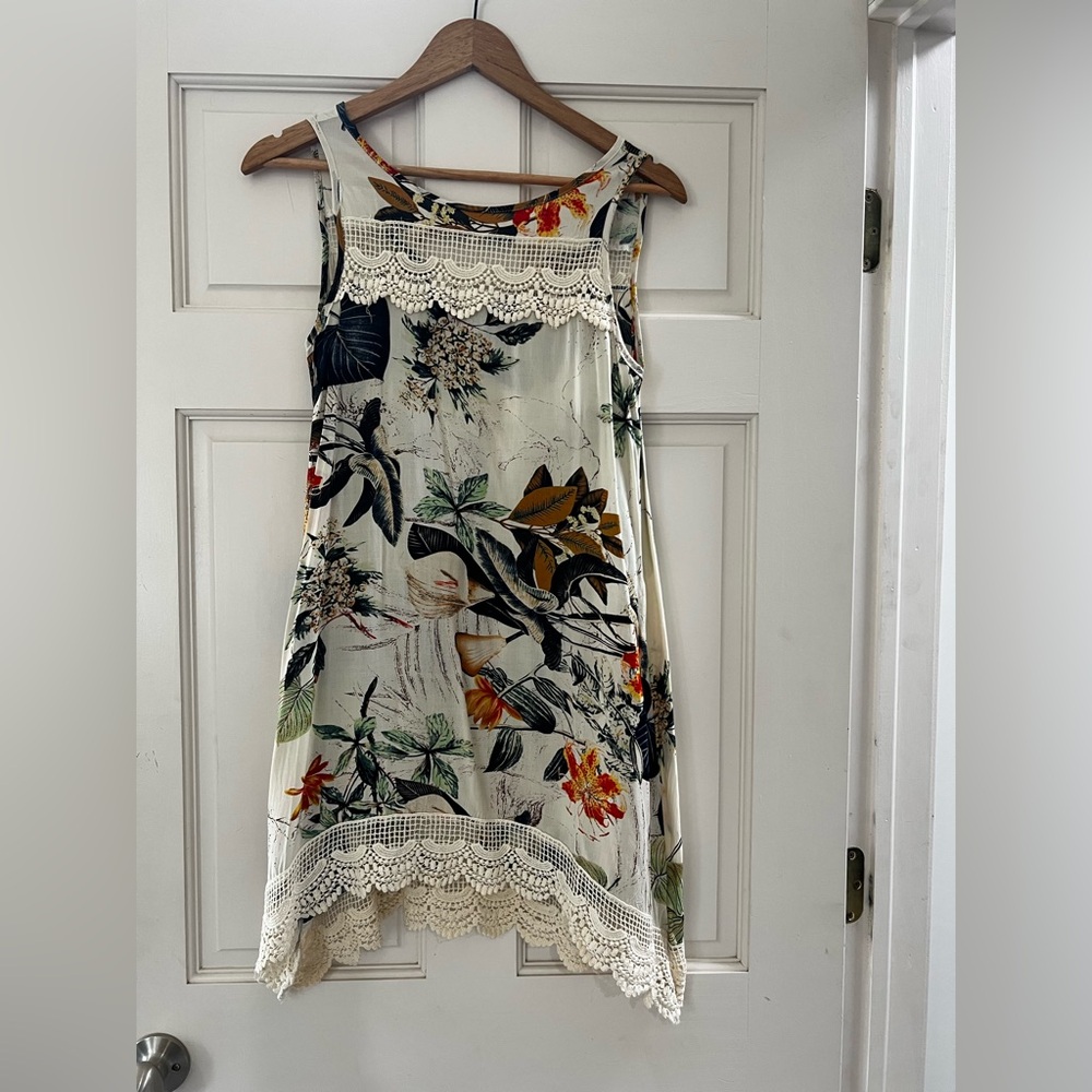 Tropical Floral Mini Dress with Lace Accents
